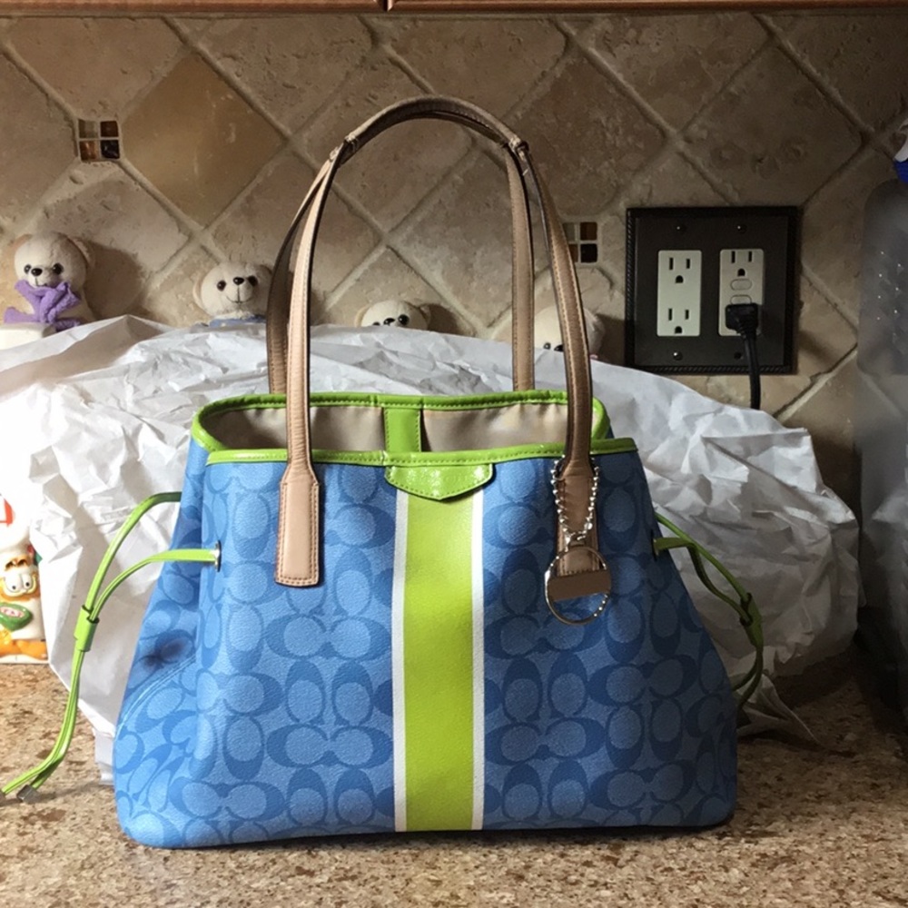 COPY - Coach handbag, blue with lime green and white accent.